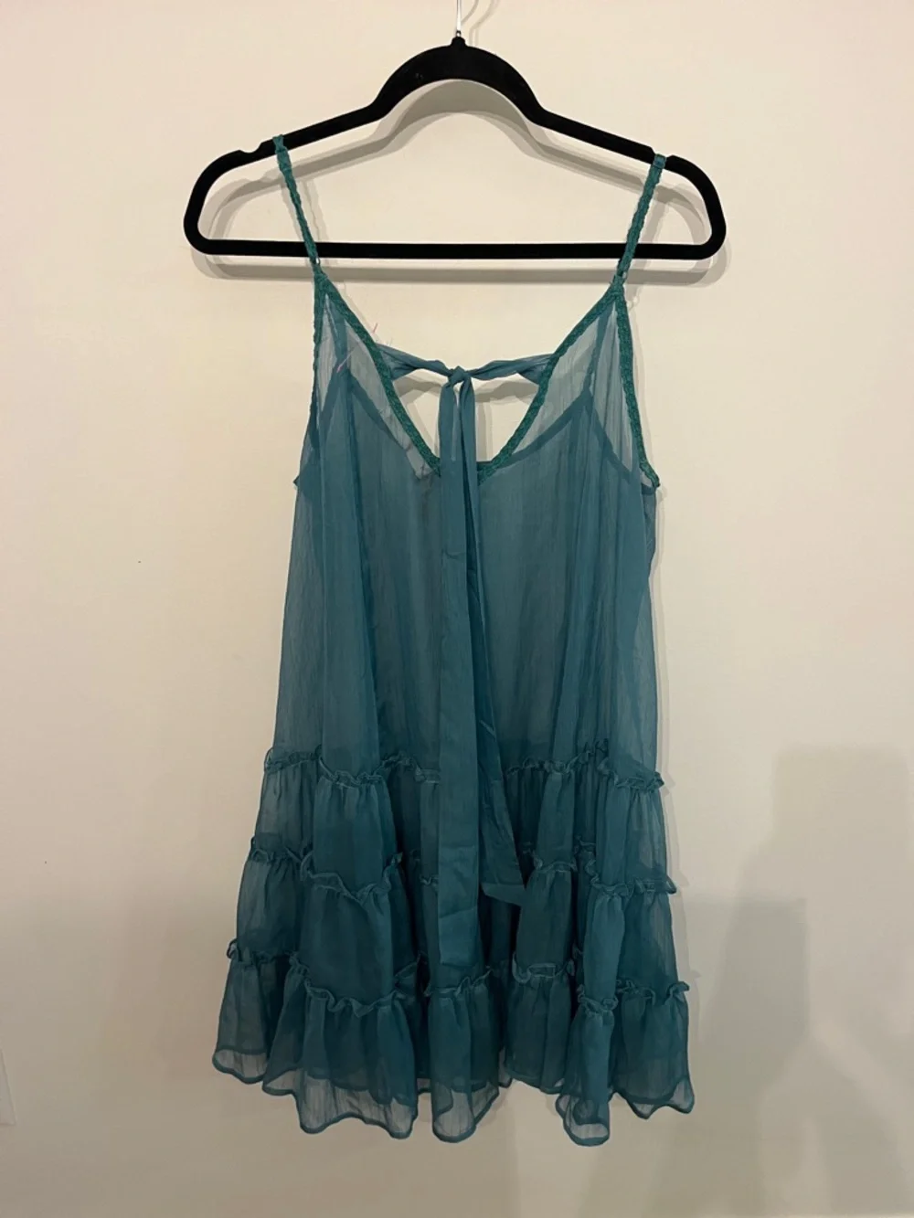 Crowned Free Sheer Teal Ruffle-Tier Women's Swim Coverup with Tie Back - Picture 3 of 5